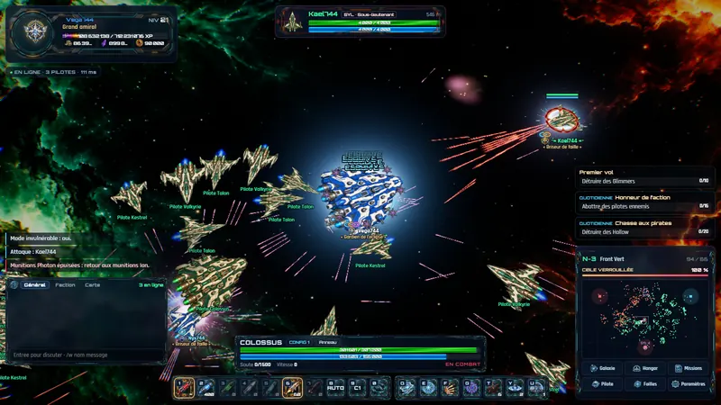 Capture du jeu : trois pilotes connectés au front N-3, pseudo sous chaque vaisseau avec grade et anneaux de faille